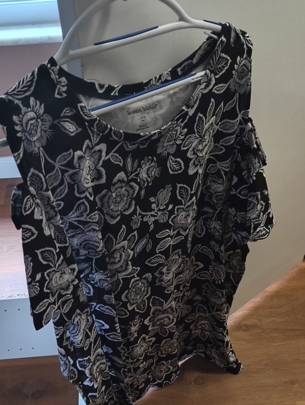 Woman Within Black & White Floral Cold-Shoulder Blouse